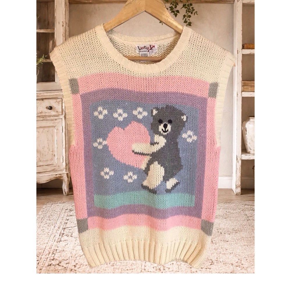 Vintage Licorice Teddy Bear Heart Sweater Vest Pastel Cottagecore 80s 90s Knit L - Picture 2 of 5